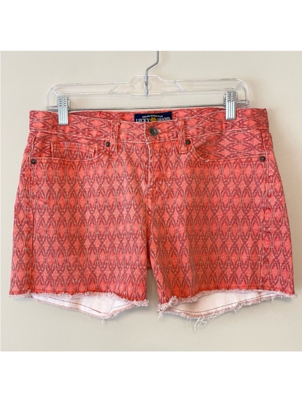 Lucky Brand Abbey Denim Shorts Faded Red Coral Ikat Boohoo Print Size 31